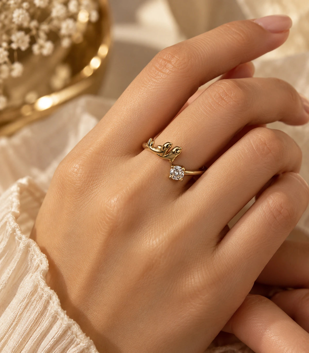 JIMIKI Gold Tone Round Crystal Sculptural Adjustable Ring in Gold Tone - editorial worn view #color_gold-tone