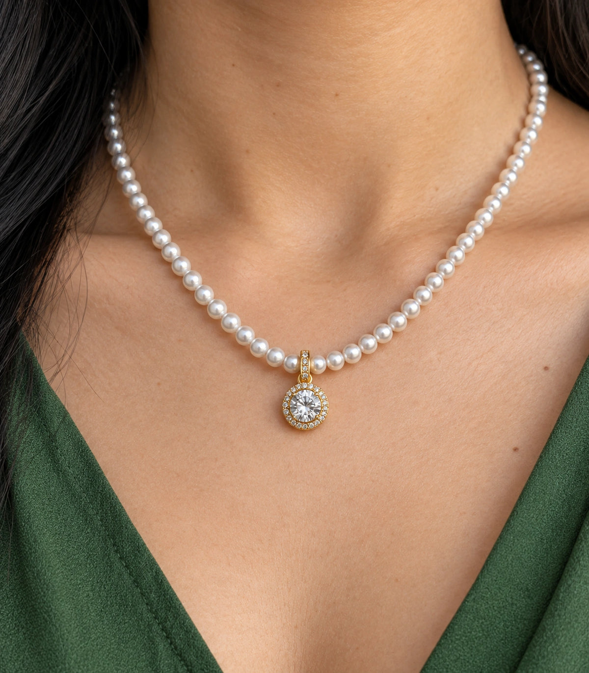 JIMIKI Gold Tone Round Halo Crystal Pearl Style Necklace in Gold tone / white, close-up detail