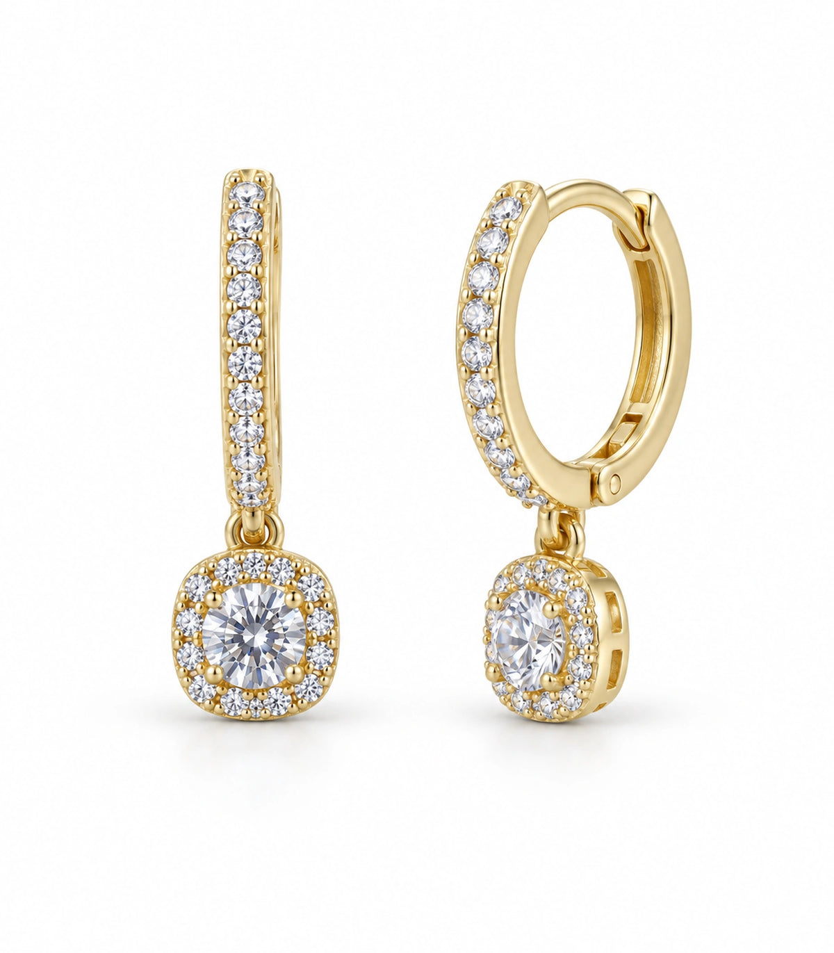 JIMIKI Gold-Tone Round Halo Solitaire Drop Huggie Earrings in Gold / Clear, white background product view