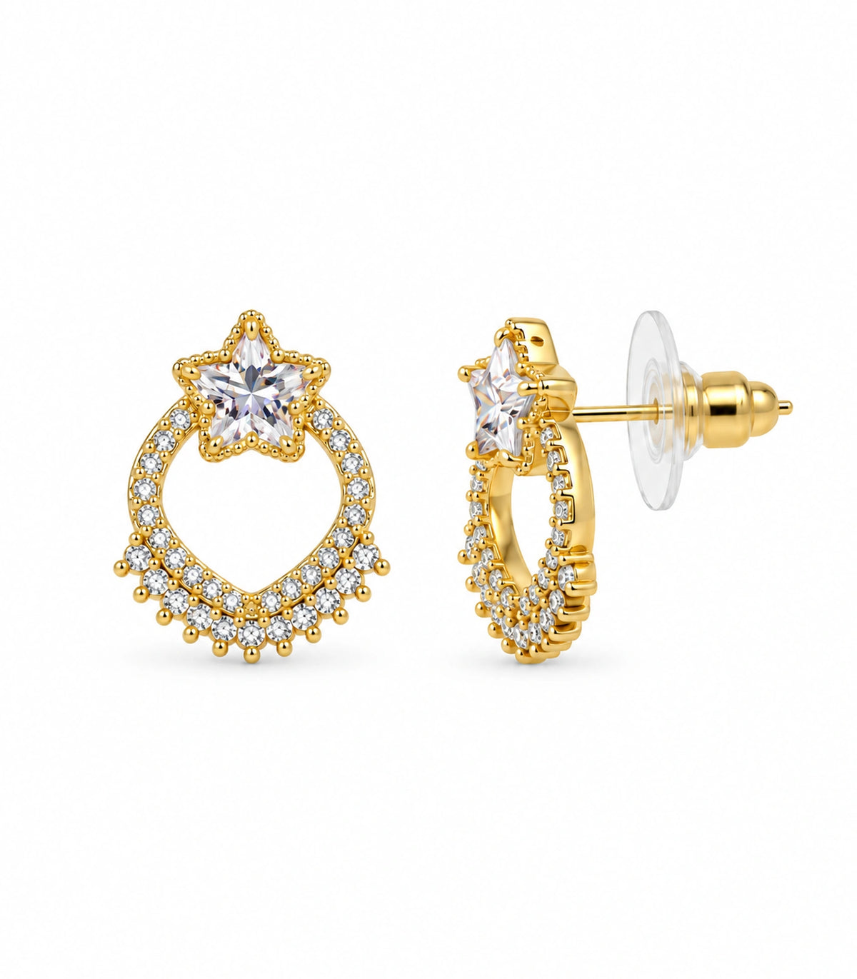 JIMIKI Star Crystal Open Loop Stud Earring Pair in Gold tone, white background product view #color_gold tone
