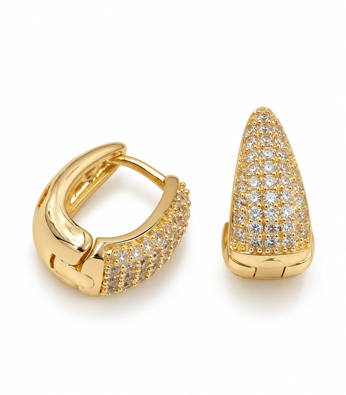 JIMIKI Gold Tone tapered pave huggie hoop earrings, matching pair on white background #color_gold-tone