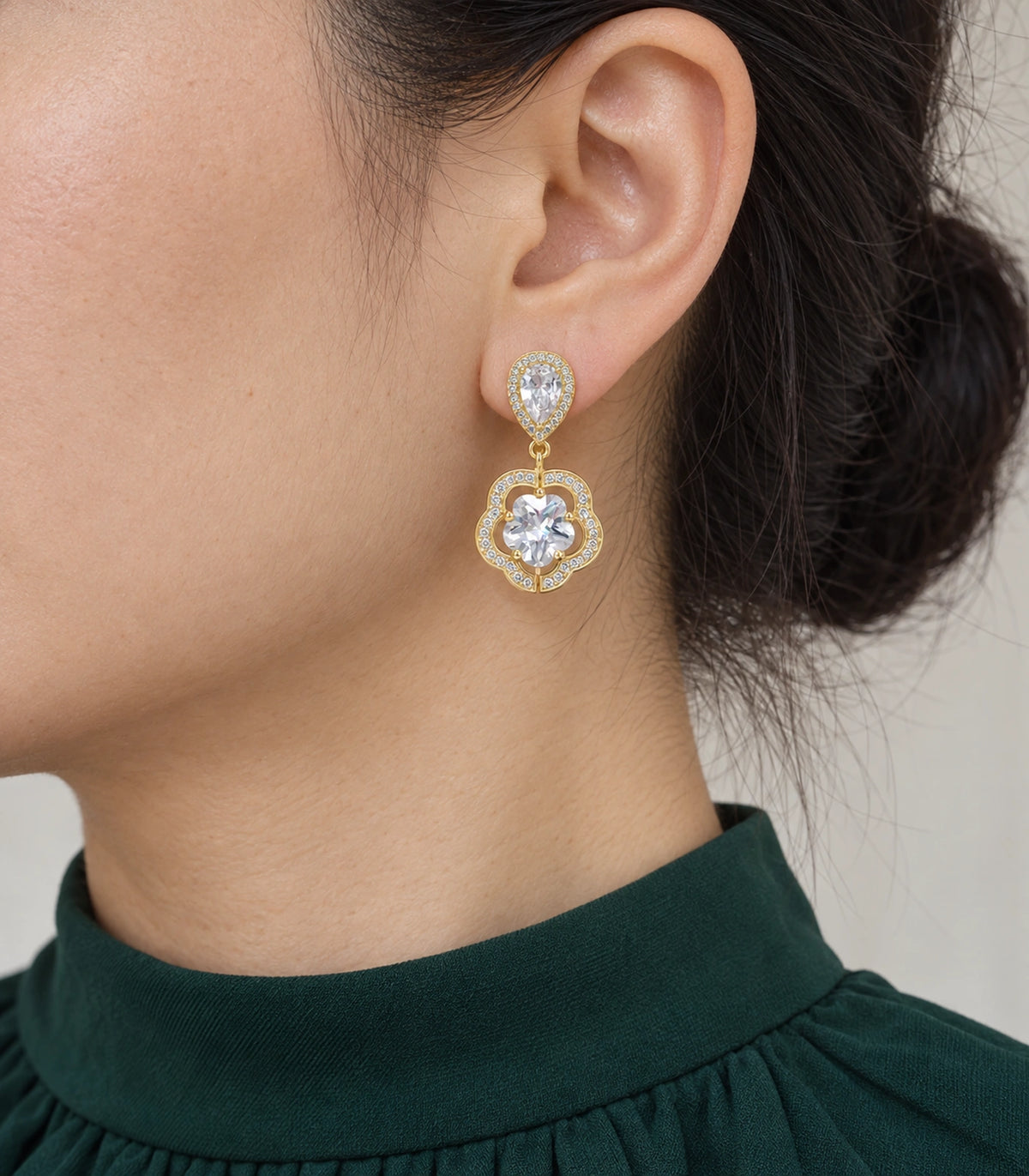 JIMIKI Teardrop Flower Crystal Drop Earring Pair in Gold-tone, model wearing view #color_gold-tone