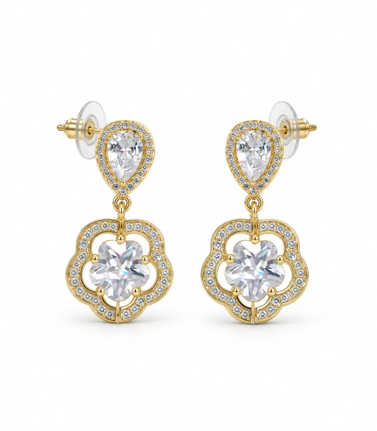 JIMIKI Teardrop Flower Crystal Drop Earring Pair in Gold-tone, white background product view #color_gold-tone
