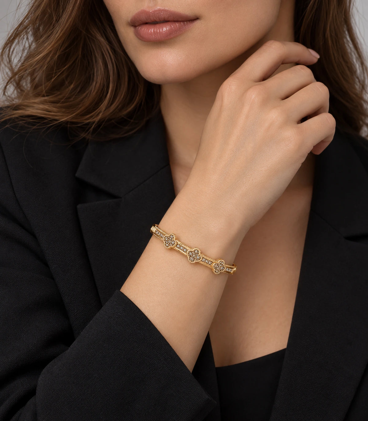 JIMIKI Gold-Tone Three Clover Pavé Bangle — bangle styled with an outfit #color_gold-tone / clear