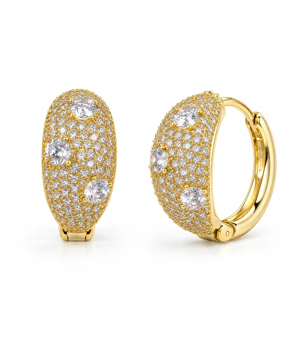 JIMIKI Three Crystal Domed Pave Hoop Earring Pair in Gold Tone, white background product view #color_gold tone