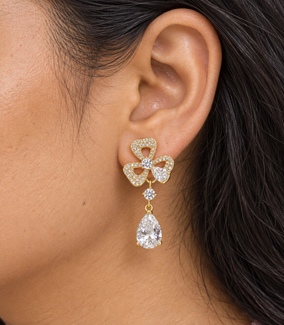 JIMIKI Gold-Tone Three-Loop Crystal Flower Pear Drop Earrings in Gold Tone, close-up detail