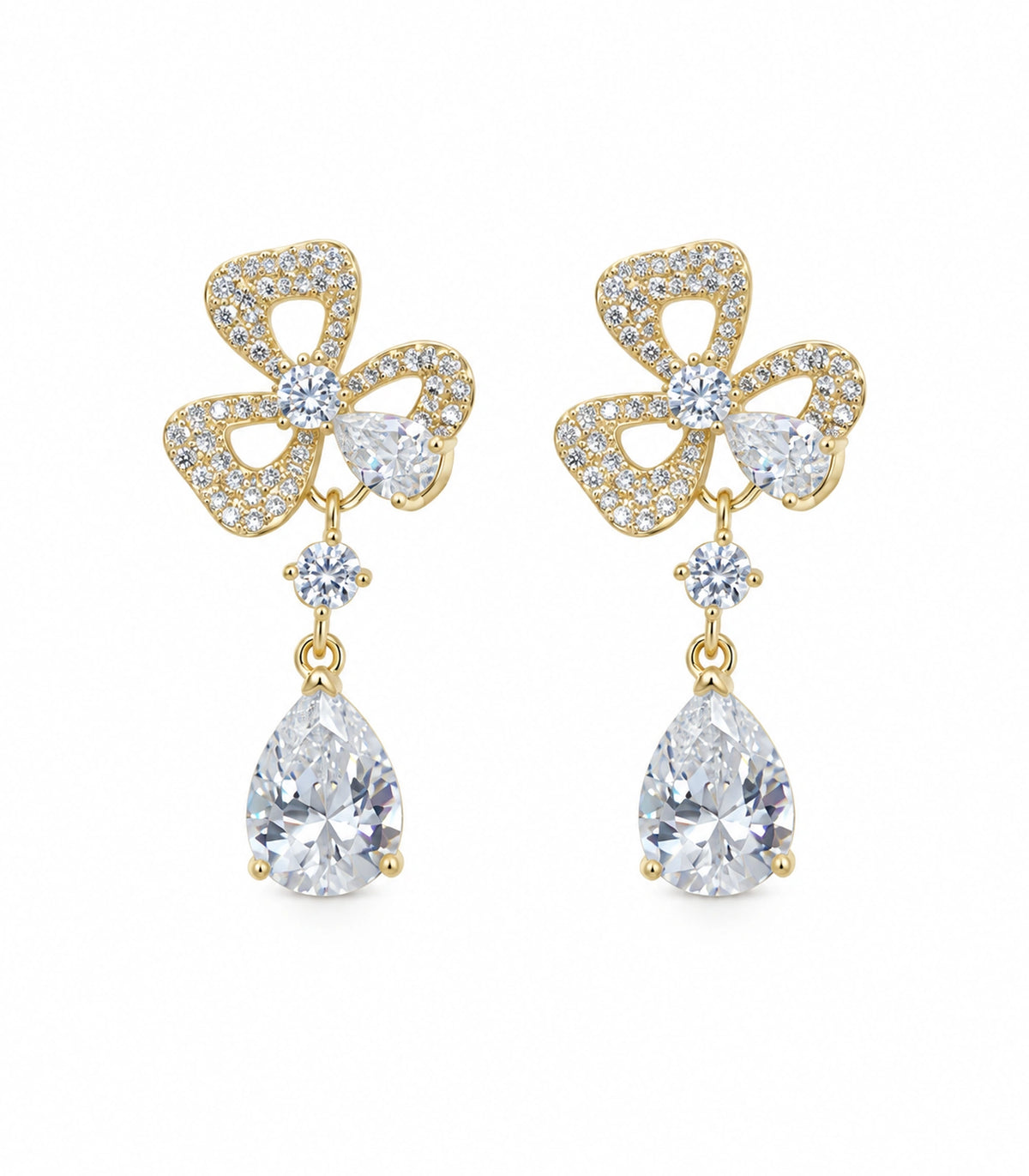 JIMIKI Gold-Tone Three-Loop Crystal Flower Pear Drop Earrings in Gold Tone, white background product view