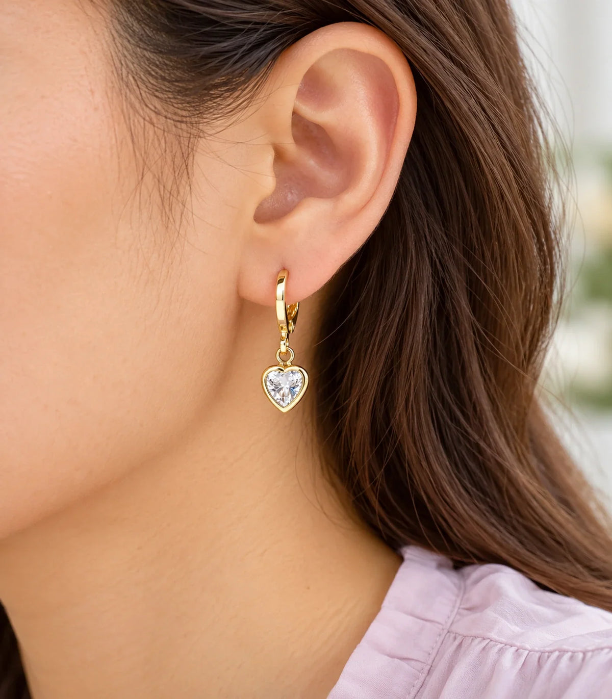 Gold-tone three-pair ball, heart crystal and multicolour clover hoop set — closeup #Color_Gold Tone
