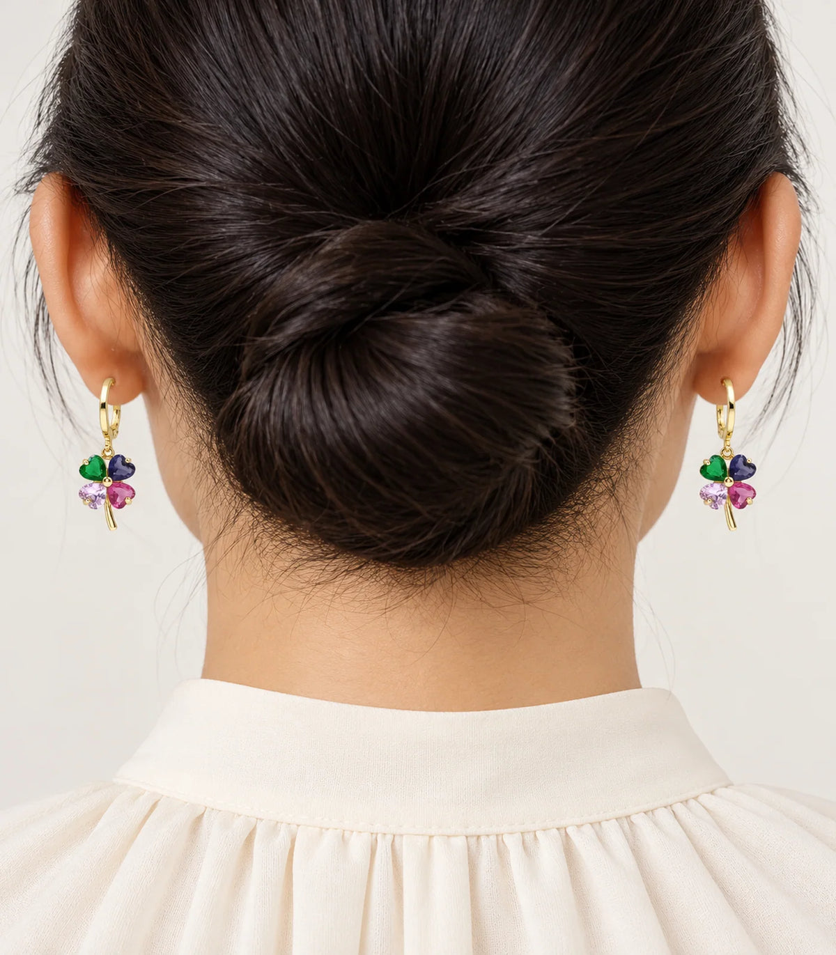 Gold-tone three-pair ball, heart crystal and multicolour clover hoop set — model #Color_Gold Tone