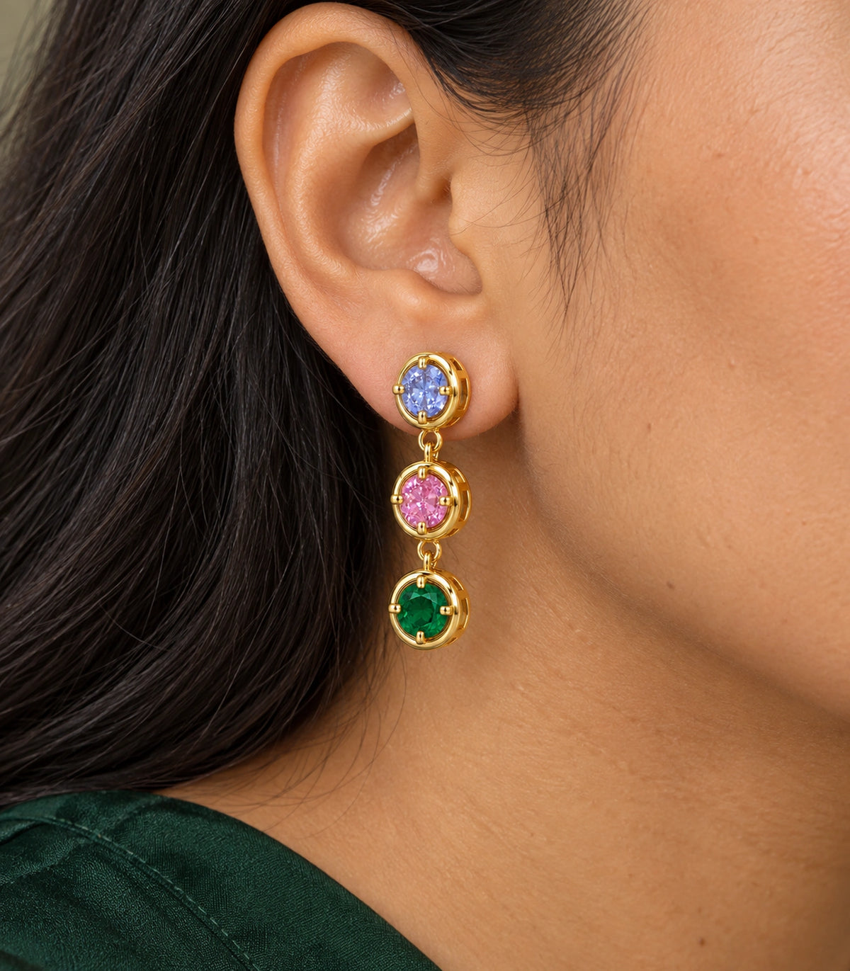 JIMIKI Three Round Crystal Drop Earring Pair in Gold tone/Multicolour, close-up detail #color_gold tone/multicolour