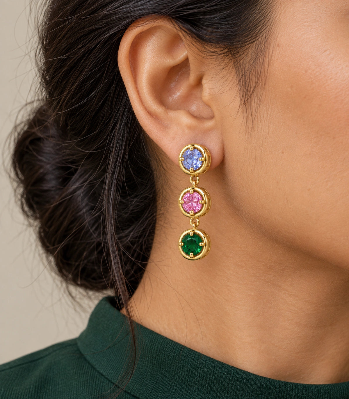 JIMIKI Three Round Crystal Drop Earring Pair in Gold tone/Multicolour, model wearing view #color_gold tone/multicolour