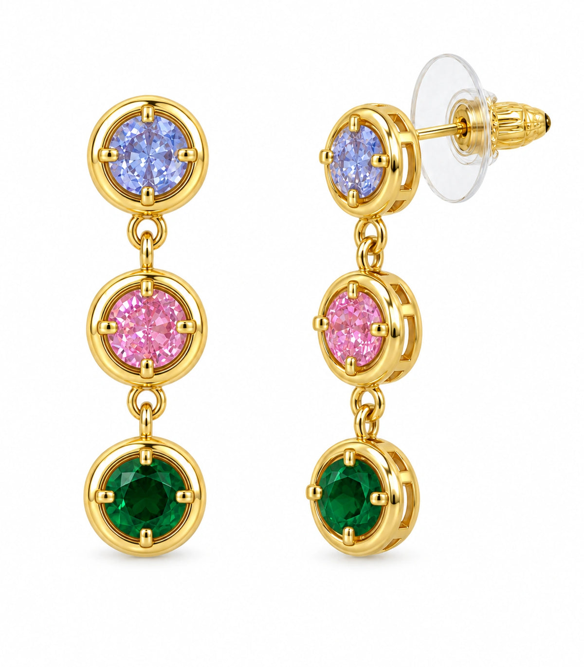 JIMIKI Three Round Crystal Drop Earring Pair in Gold tone/Multicolour, white background product view #color_gold tone/multicolour