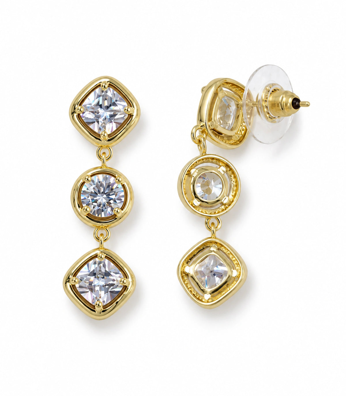JIMIKI Three Stone Crystal Drop Earring Pair in Gold tone, white background product view #color_gold tone