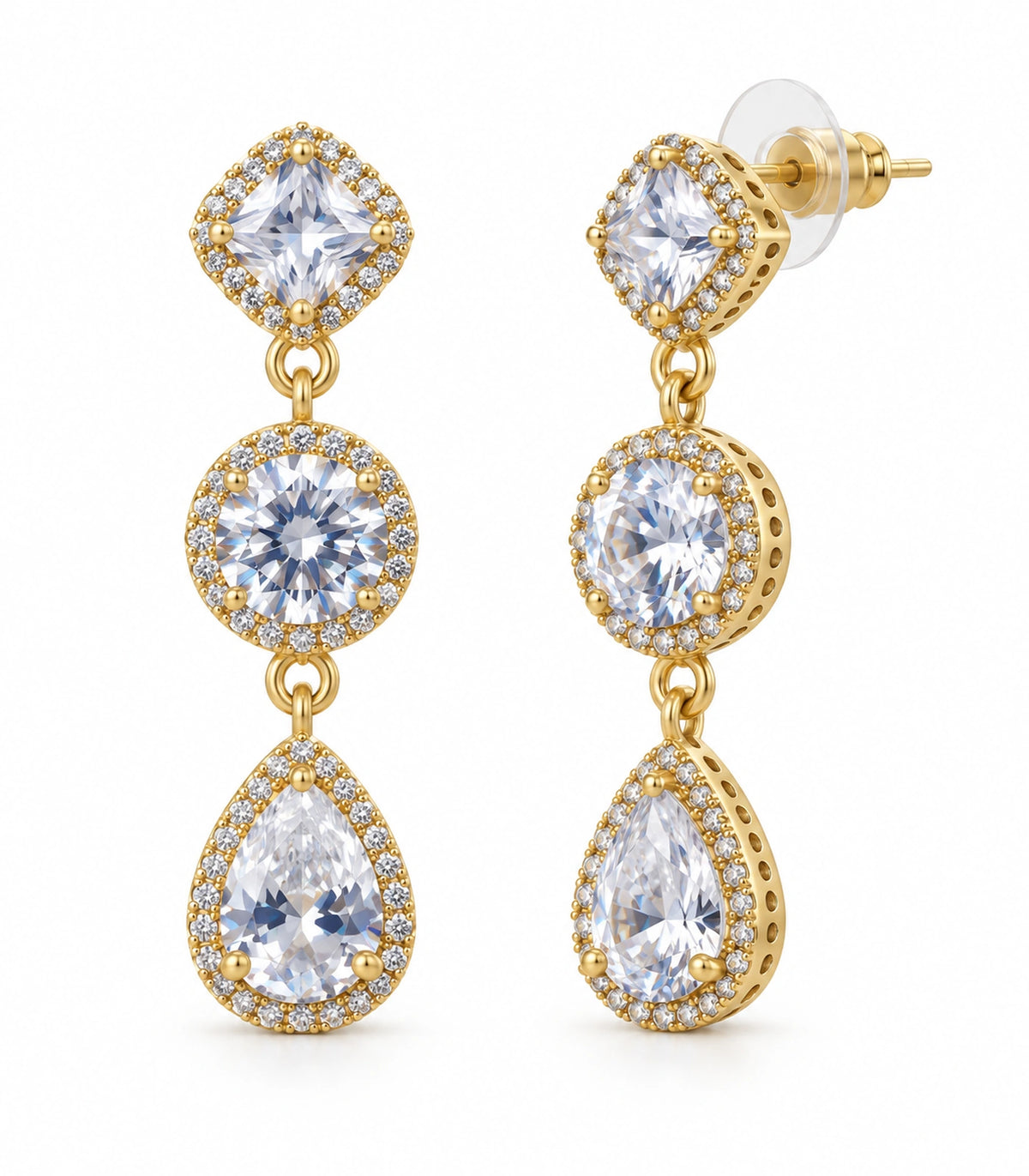 JIMIKI Gold-Tone Three-Stone Halo Drop Earrings in Gold / Clear, white background product view
