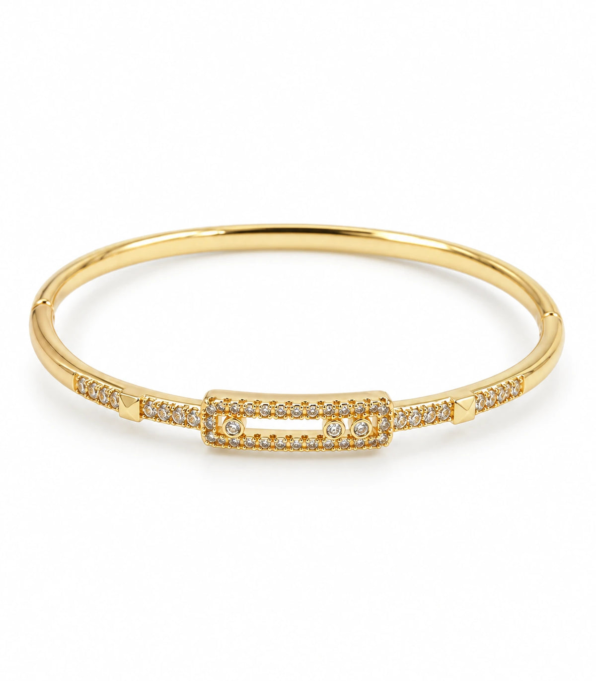 JIMIKI Gold-Tone Three Stone Open Rectangle Bangle — bangle on white background #color_gold-tone / clear