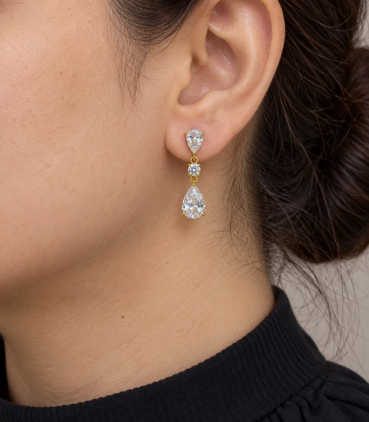 JIMIKI Gold Tone Three Stone Pear Drop Earring Pair in Gold-tone, close-up detail