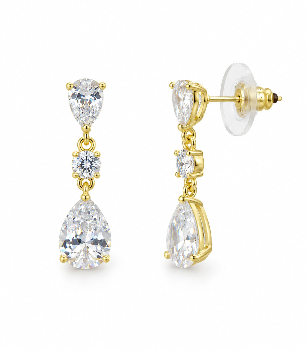 JIMIKI Gold Tone Three Stone Pear Drop Earring Pair in Gold-tone, white background product view