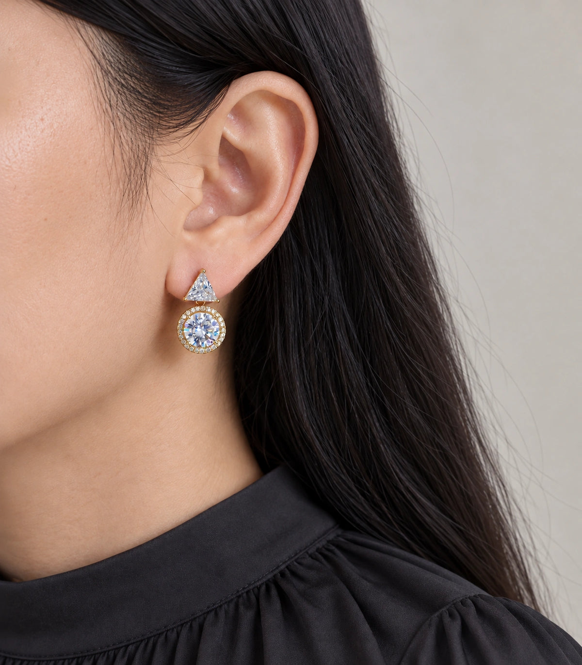 JIMIKI Triangle Round Halo Crystal Drop Earring Pair in Gold Tone, close-up detail #color_gold tone