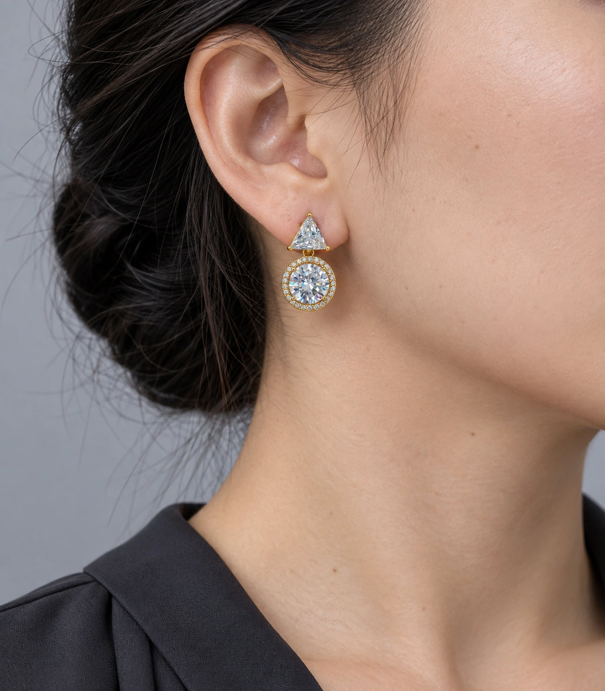 JIMIKI Triangle Round Halo Crystal Drop Earring Pair in Gold Tone, model wearing view #color_gold tone