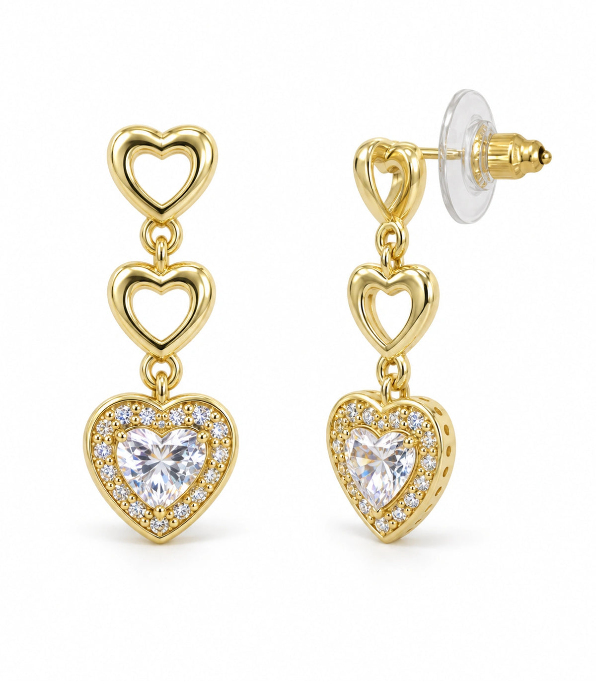 JIMIKI Triple Heart Crystal Drop Earring Pair in Gold tone / clear, white background product view #color_gold tone / clear