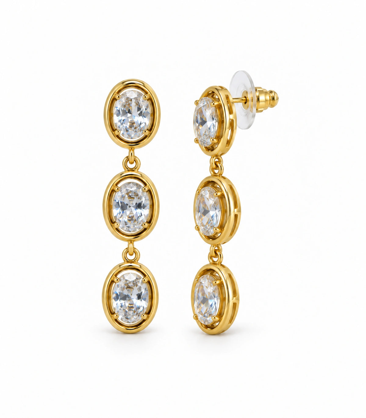 JIMIKI Triple Oval Crystal Drop Earring Pair in Gold tone, white background product view #color_gold tone
