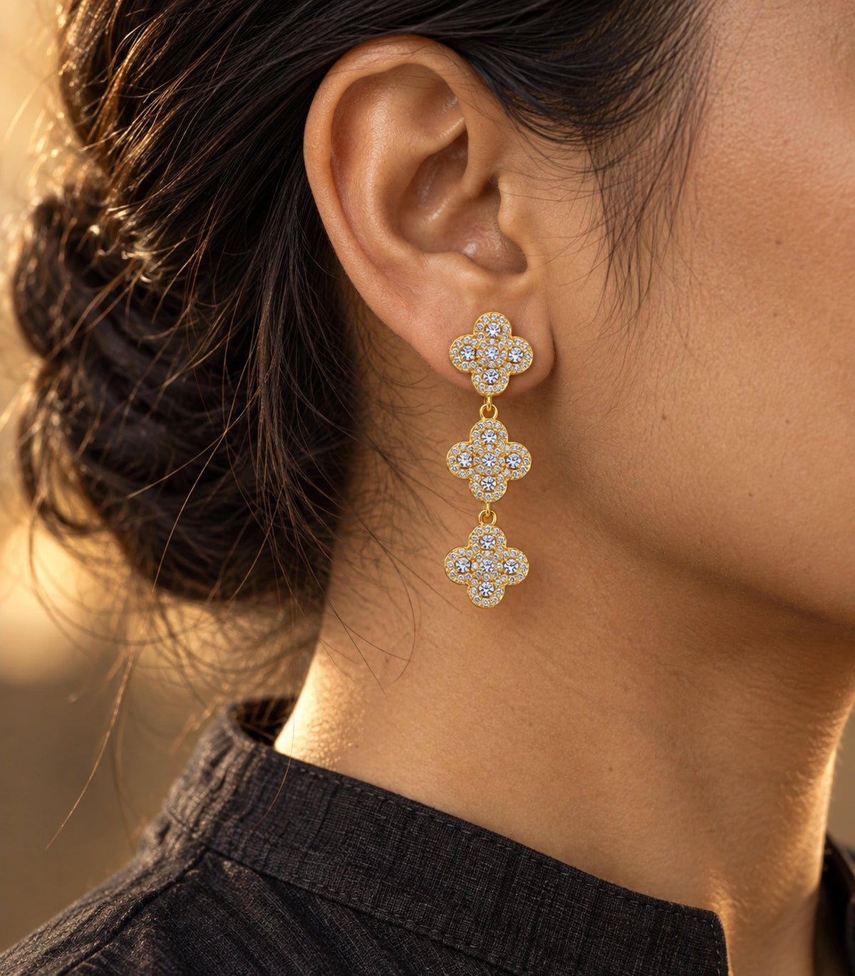 JIMIKI Pave Triple Quatrefoil Drop Earring Pair in Gold tone, editorial model view #color_gold tone