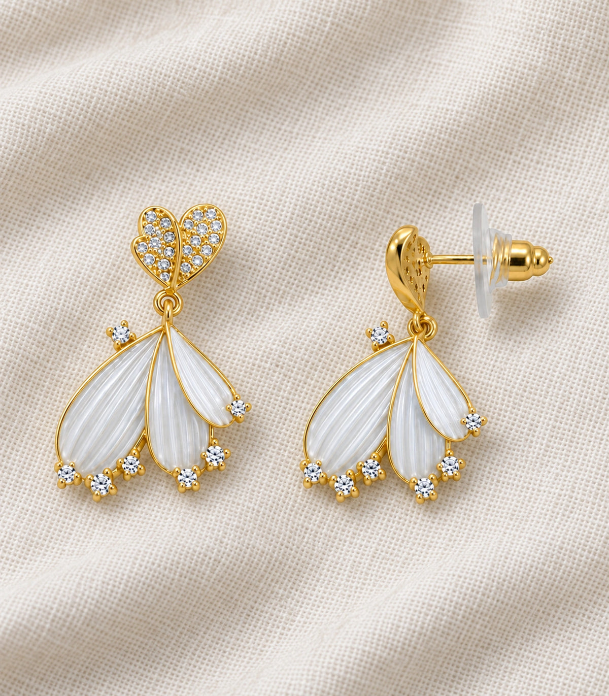 JIMIKI Ribbed Fan Crystal Drop Earring Pair in Gold tone, editorial flat lay #color_gold tone