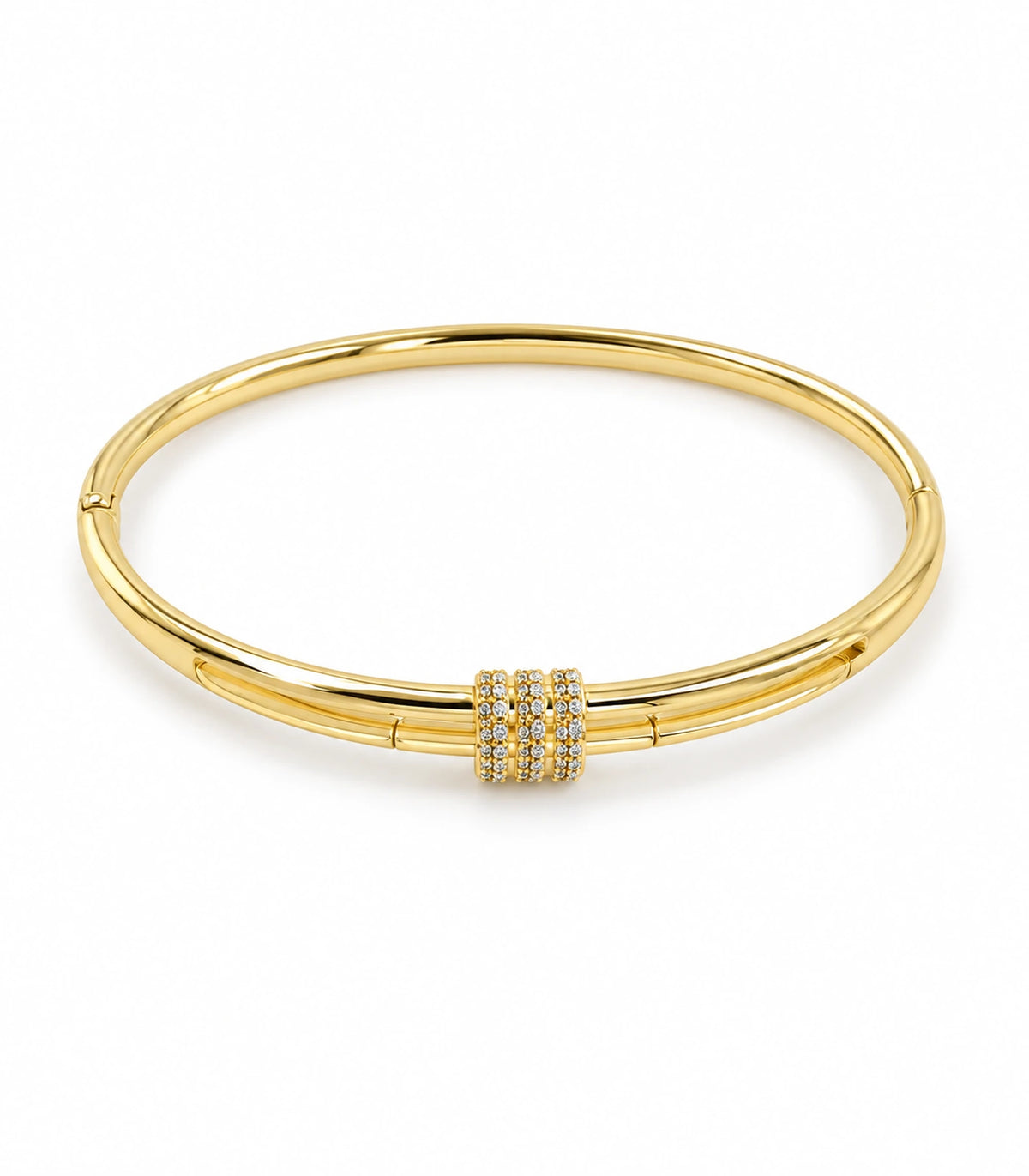 JIMIKI Gold-Tone Triple Pavé Band Double-Rail Bangle — bangle on white background #color_gold-tone / clear