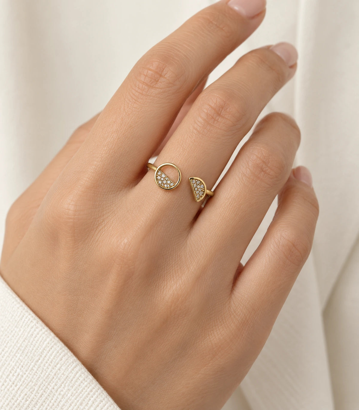 Gold Two-Shape Pavé Open Ring worn on a hand