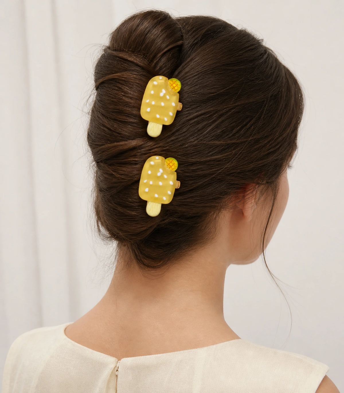 Editorial model view of the Golden Mango Popsicle Clip Pair