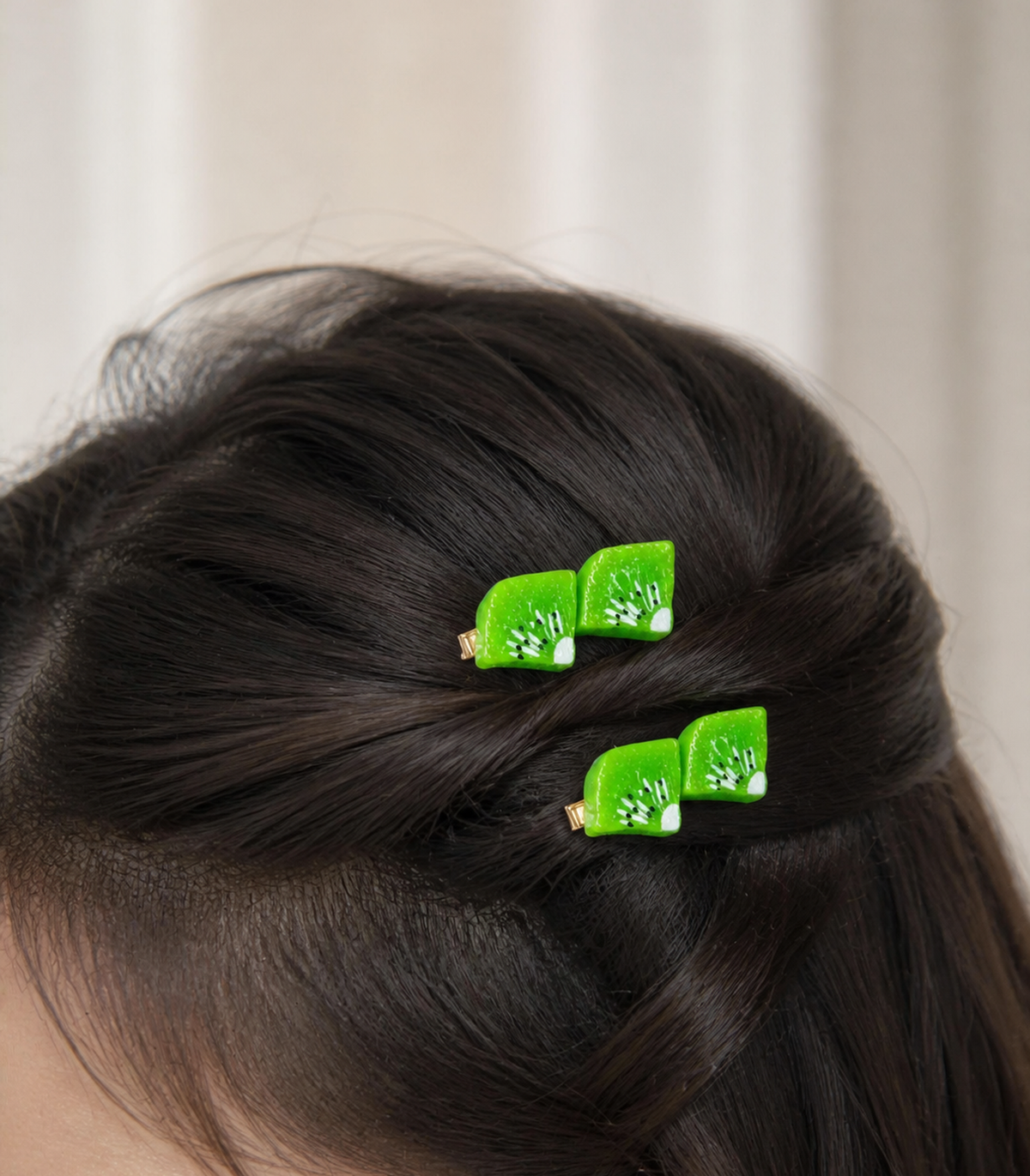 Green Kiwi Duo Clip Pair worn in hair