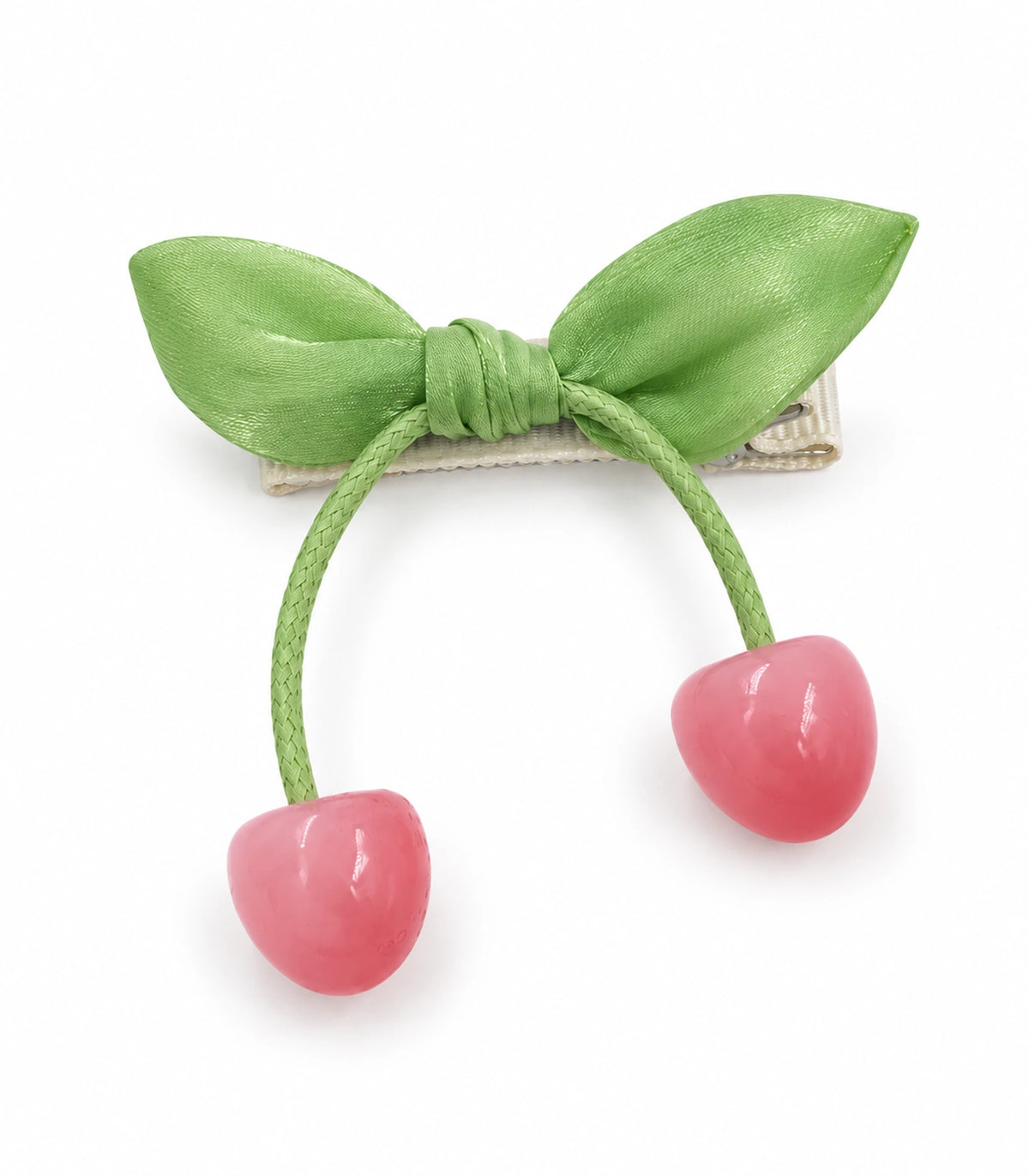 JIMIKI Green Leaf Bow Hair Clip with Cherry Charms in Green, white background product view