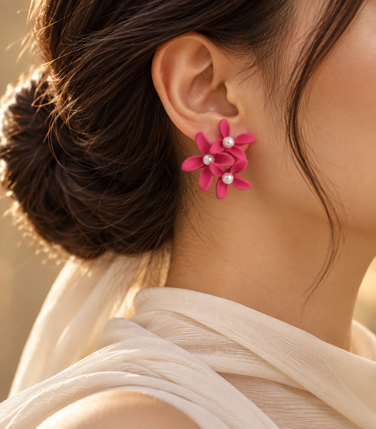 JIMIKI Hot Pink cascading floral cluster stud earrings, worn with softly lit editorial styling #color_hot pink