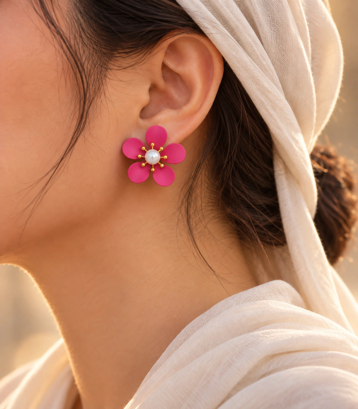 JIMIKI hot pink five-petal flower stud earrings with pearl-effect centre, alternate styled worn view of flower stud #color_hot-pink