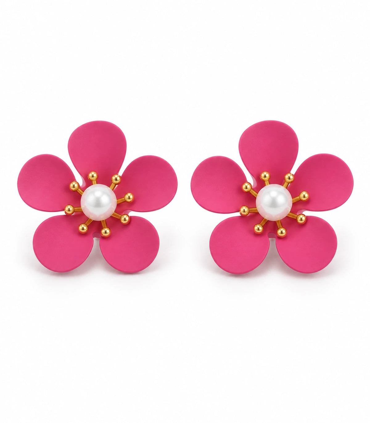 JIMIKI hot pink five-petal flower stud earrings with pearl-effect centre, matching flower stud pair on white #color_hot-pink