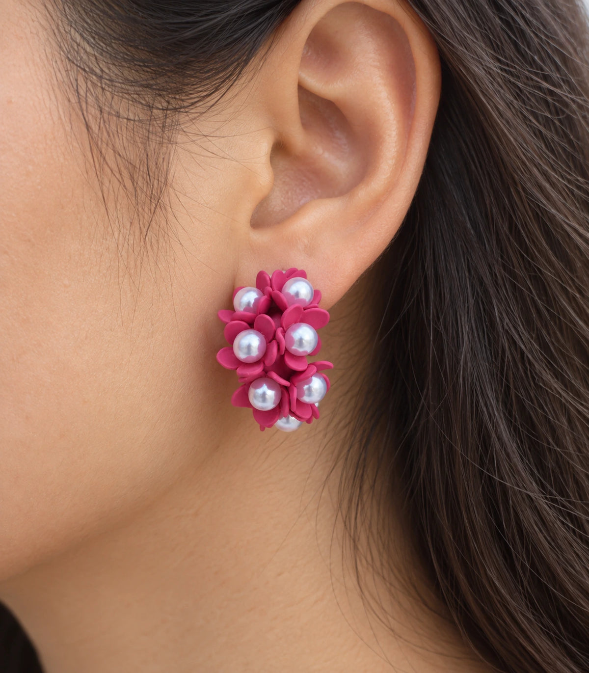 JIMIKI Hot Pink pearl flower hoop earrings, close-up of the clustered flowers and white pearl-like centres #color_hot pink