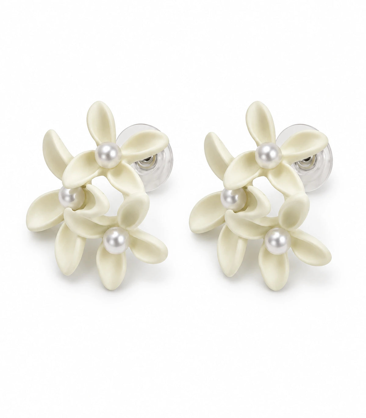 JIMIKI Ivory cascading floral cluster stud earrings, matching pair on a white background #color_ivory