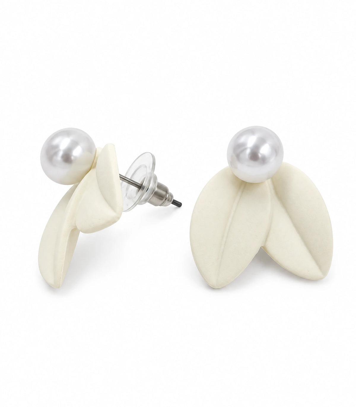 JIMIKI Double Leaf Pearl Stud Earrings in Ivory — pair on white background #color_ivory