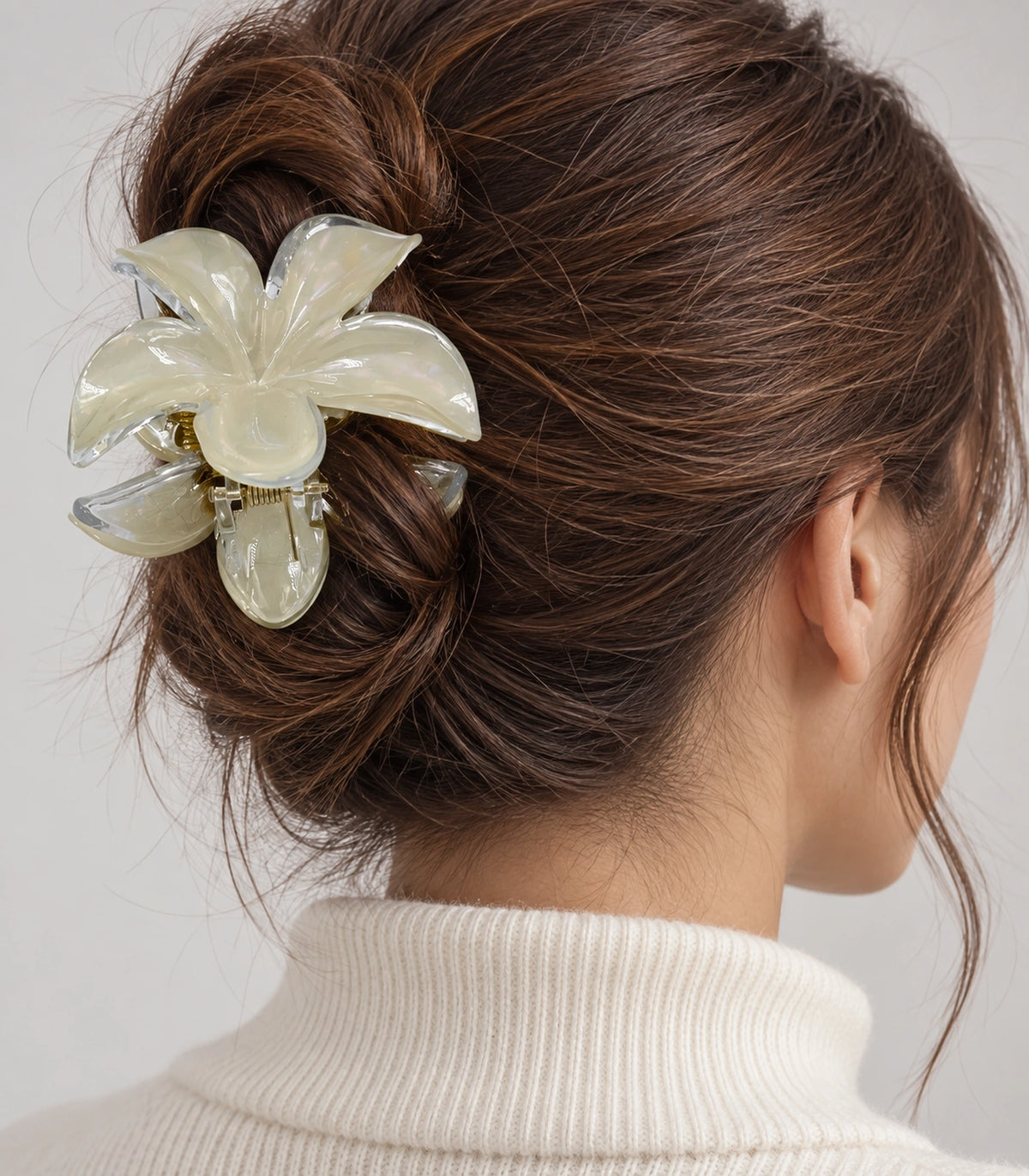 JIMIKI Iridescent Five Petal Flower Hair Claw Clips in Ivory, close-up detail #color_ivory