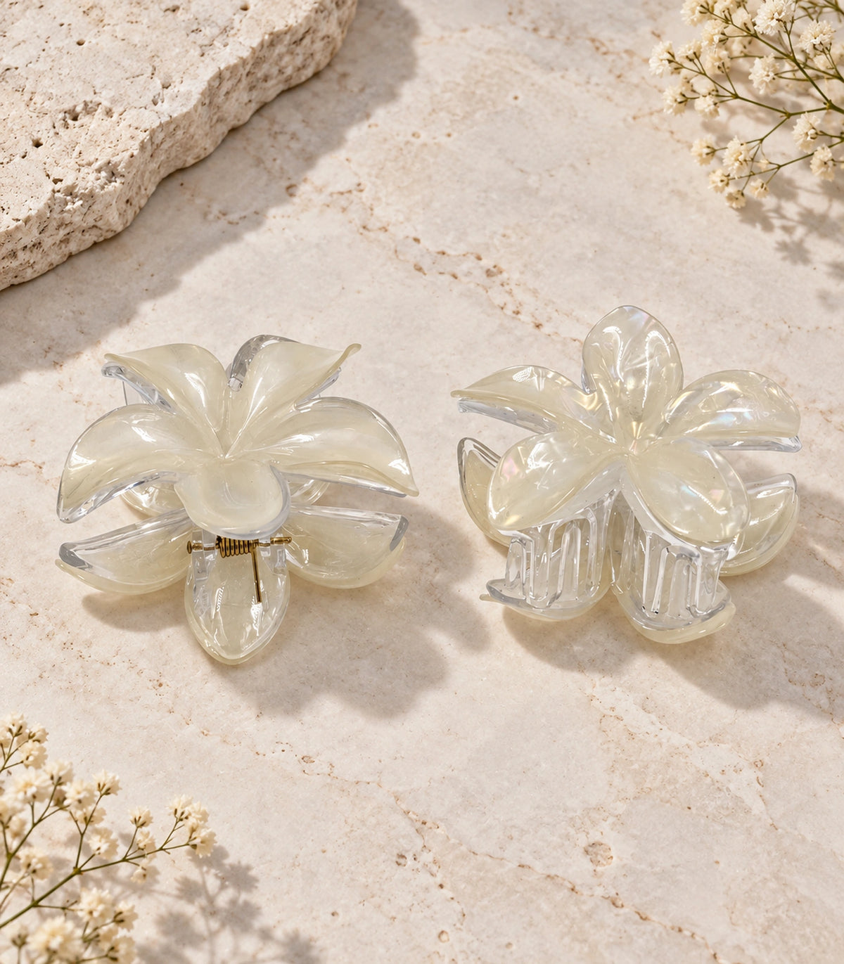 JIMIKI Iridescent Five Petal Flower Hair Claw Clips in Ivory, editorial flat lay #color_ivory