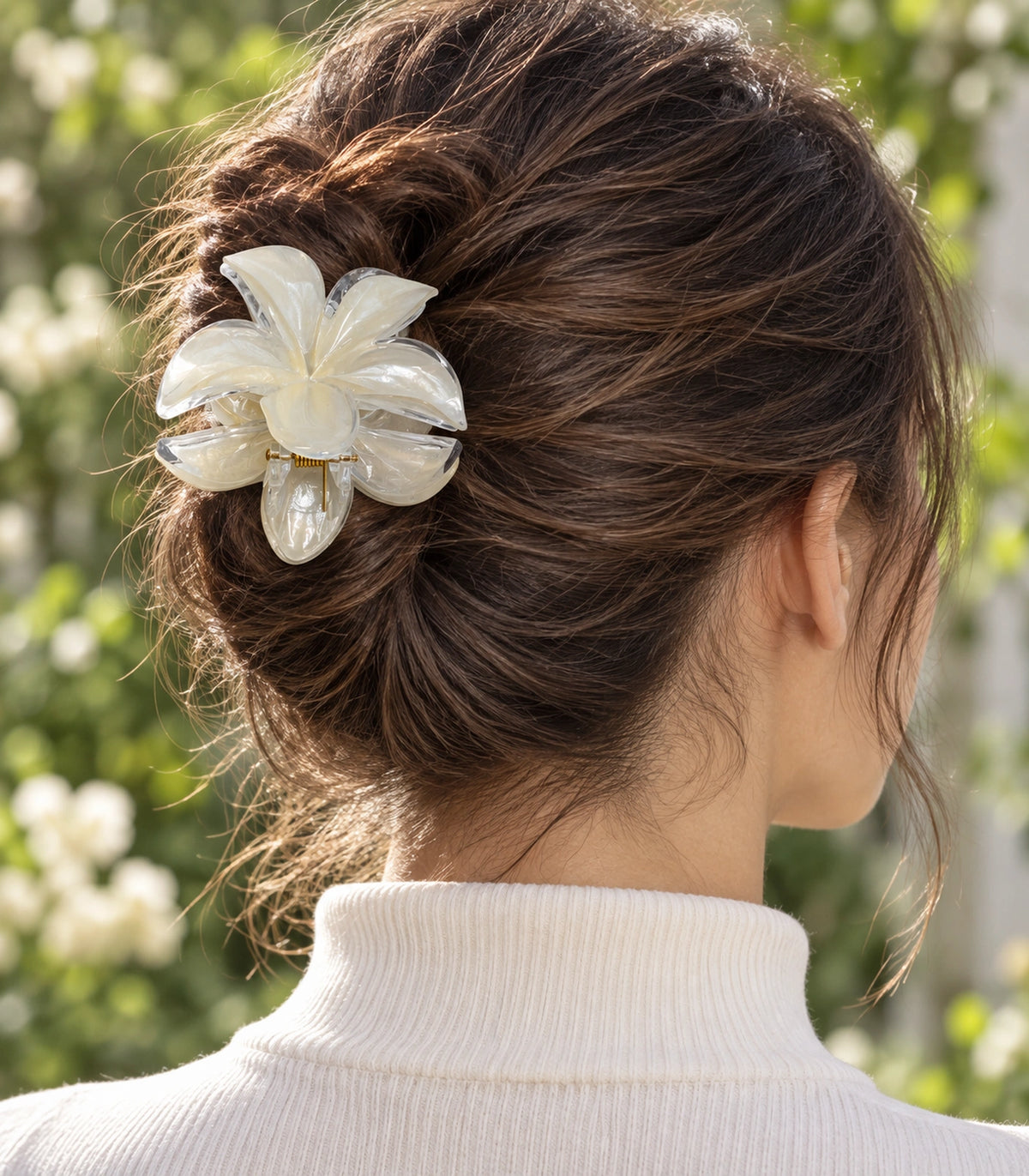 JIMIKI Iridescent Five Petal Flower Hair Claw Clips in Ivory, editorial model view #color_ivory