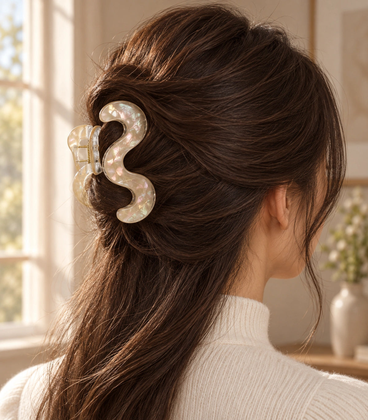 JIMIKI Iridescent S Shaped Hair Claw Clips in Ivory, editorial model view #color_ivory