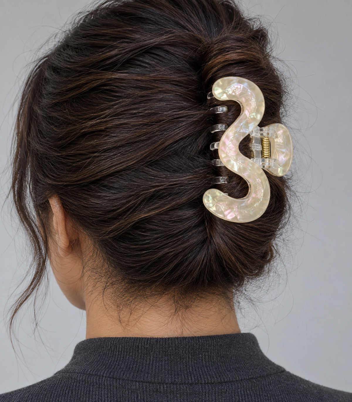JIMIKI Iridescent S Shaped Hair Claw Clips in Ivory, model wearing view #color_ivory