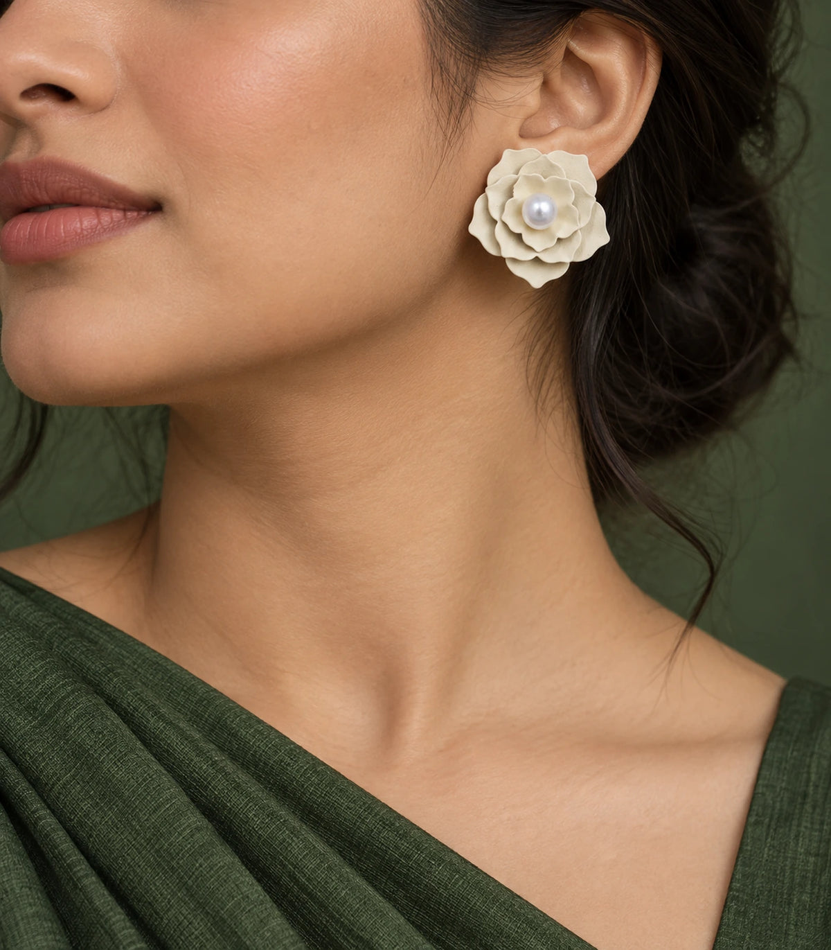 JIMIKI Layered Flower Pearl Stud Earrings, Ivory — earrings styled with an outfit #color_ivory