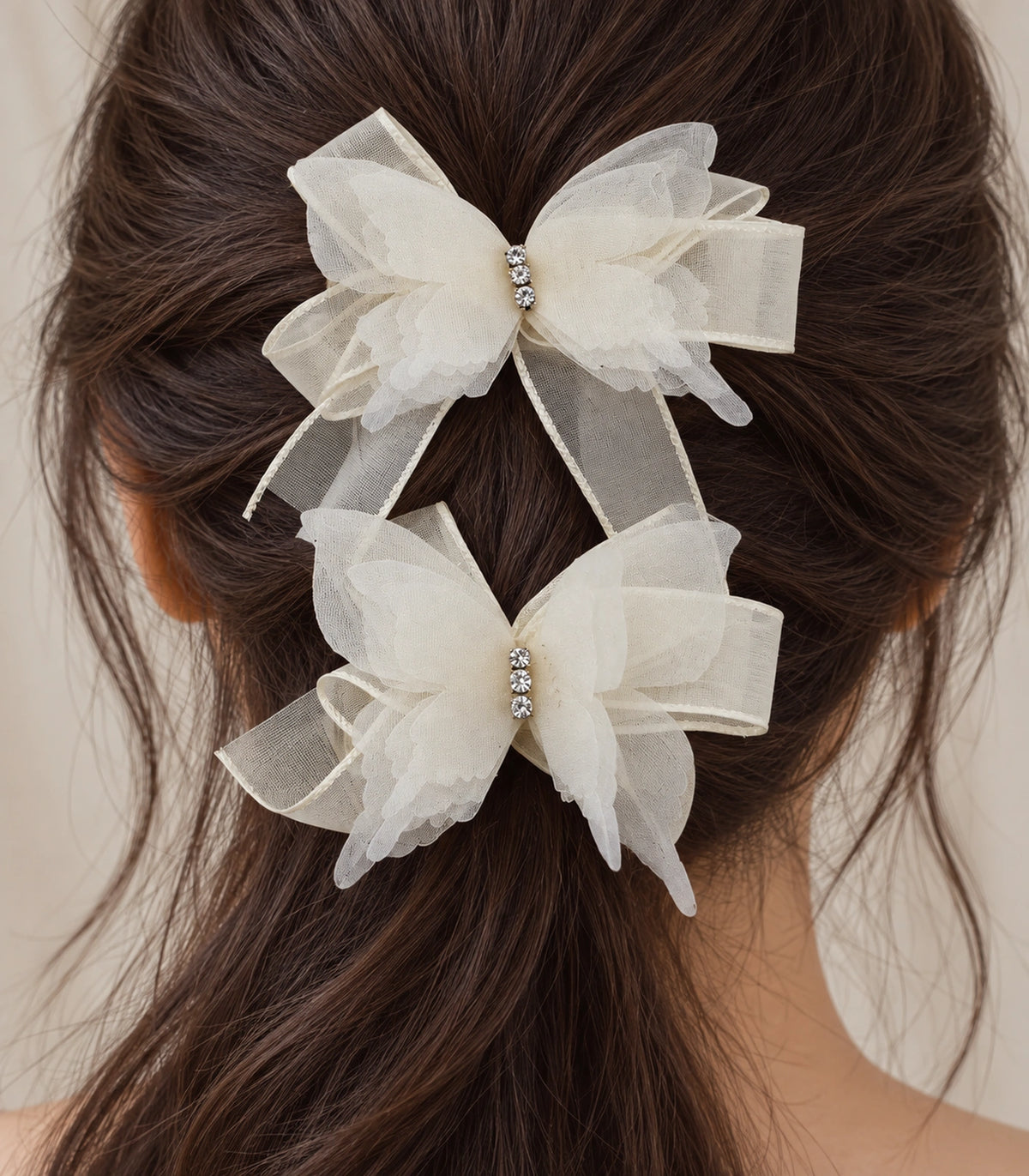 JIMIKI Organza Butterfly Bow Hair Clips in Ivory, close-up detail #color_ivory