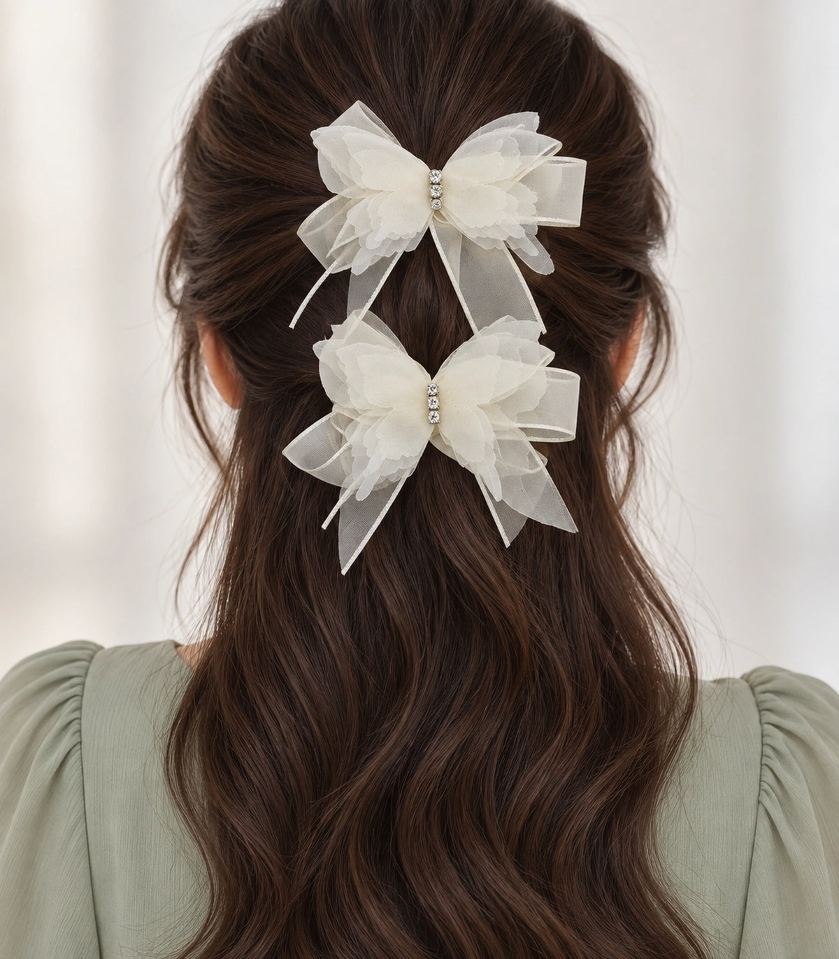 JIMIKI Organza Butterfly Bow Hair Clips in Ivory, model wearing view #color_ivory
