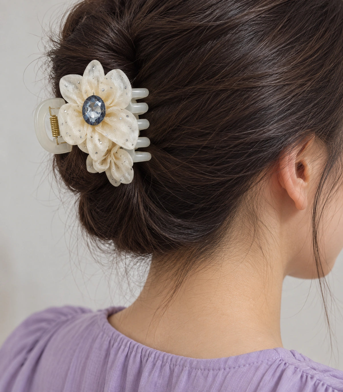 JIMIKI Organza Flower Crystal Hair Claw Clips in Ivory, close-up detail #color_ivory