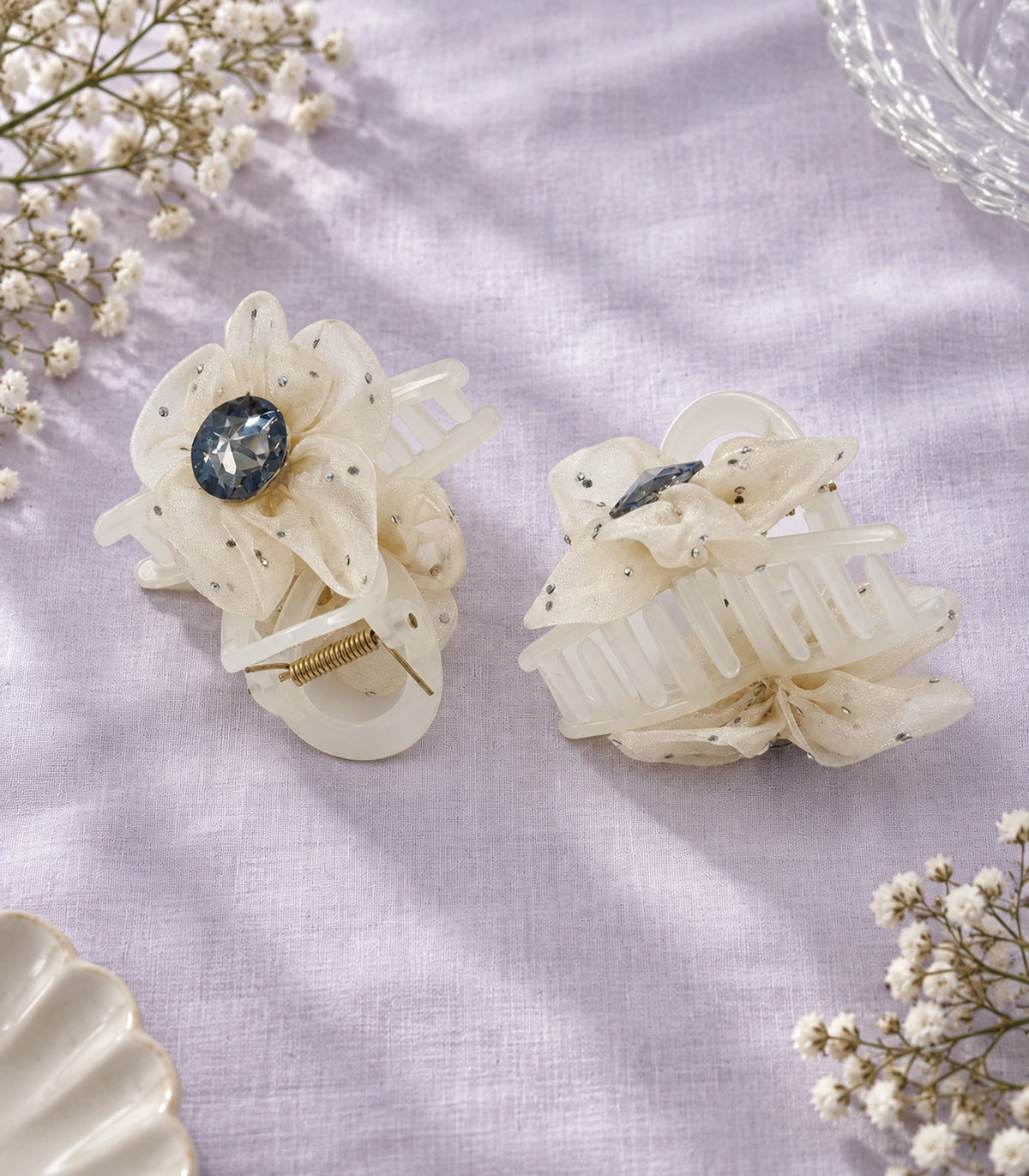 JIMIKI Organza Flower Crystal Hair Claw Clips in Ivory, editorial flat lay #color_ivory