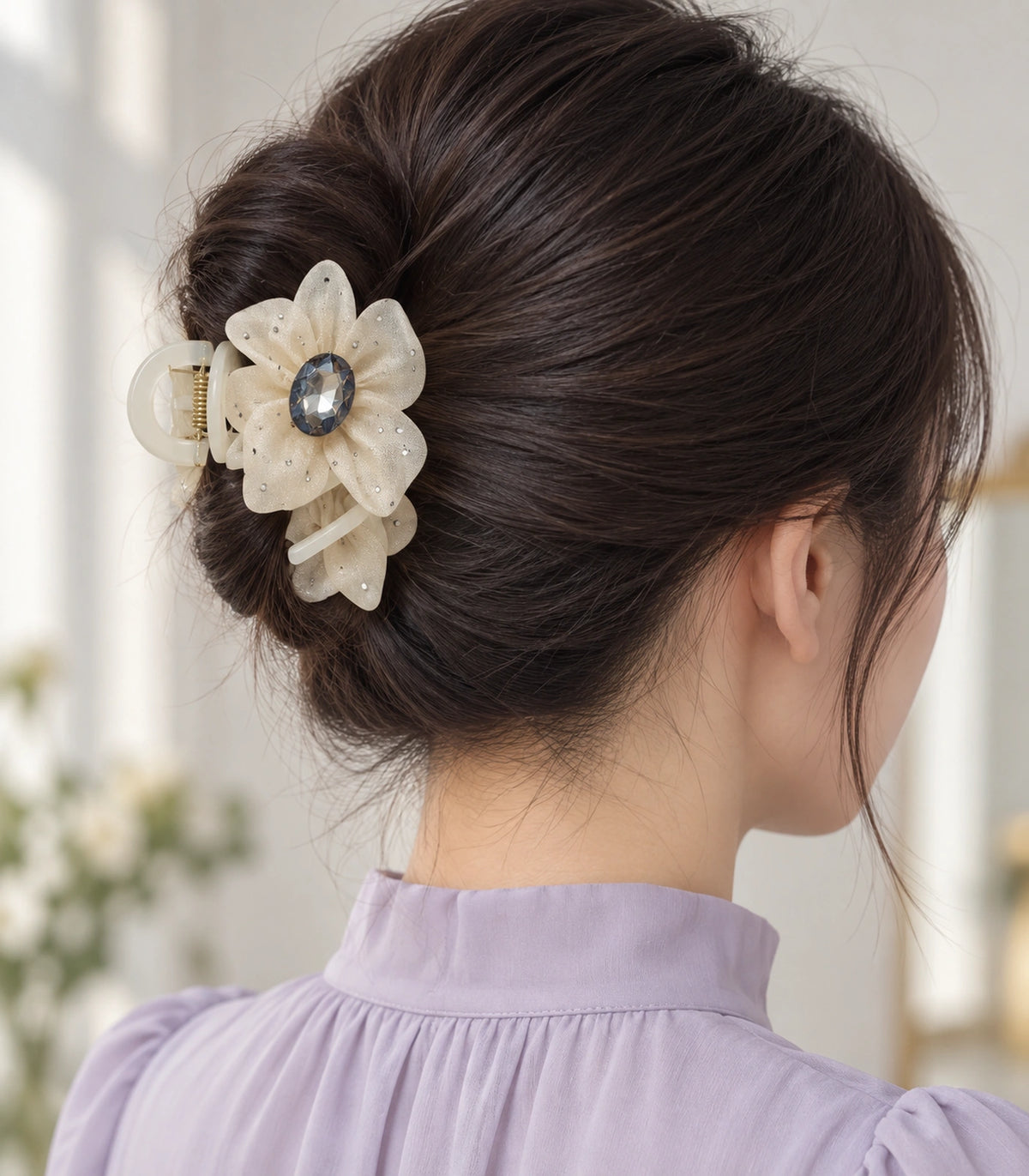 JIMIKI Organza Flower Crystal Hair Claw Clips in Ivory, model wearing view #color_ivory