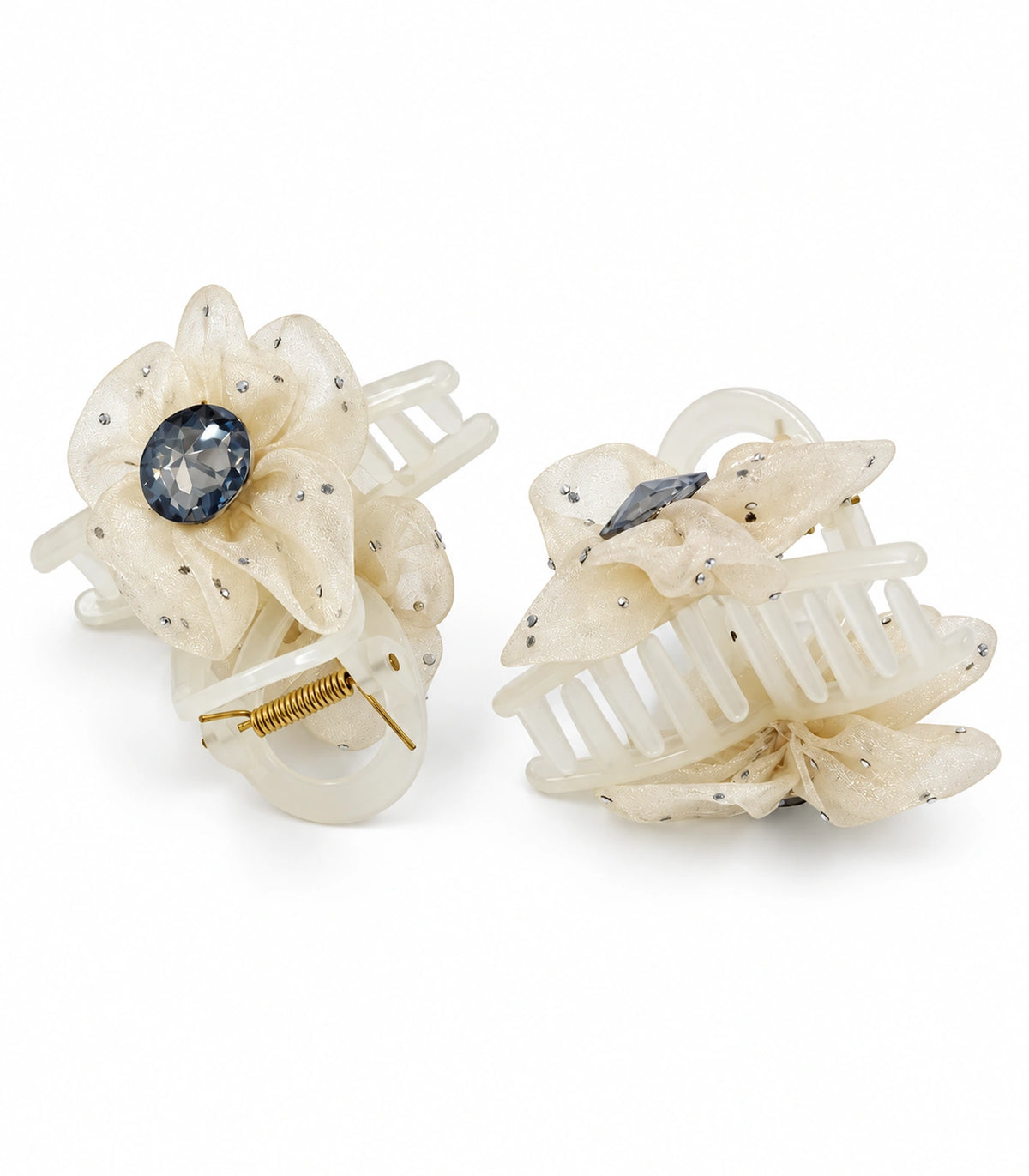 JIMIKI Organza Flower Crystal Hair Claw Clips in Ivory, white background product view #color_ivory
